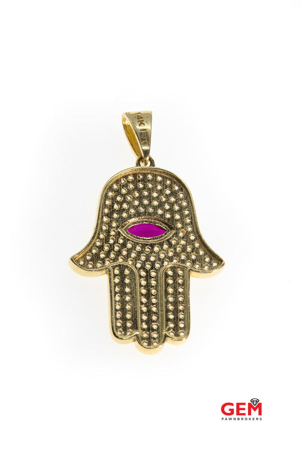 Hamsa Hand Cubic Zirconia Charm 14K 585 Yellow Gold CZ Pave Pendant