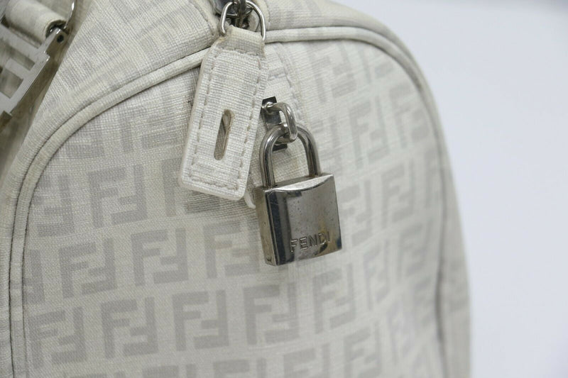 Fendi: White Canvas Satchel Logo Medium Handbag - White