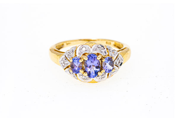 Vintage STS Victorian Natural Three 3 Stone Tanzanite & Diamond Cluster 14K 585 Gold Cocktail Ring Size 7