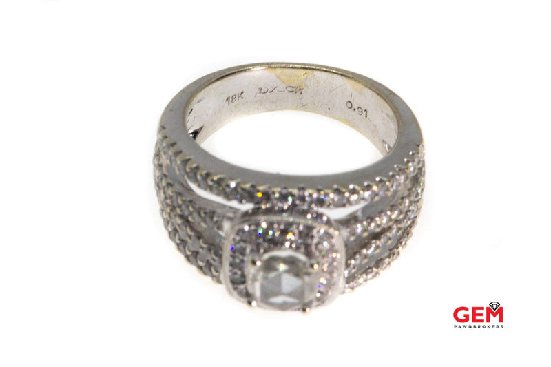 Rose Cut Diamond & Round Cluster Milgrain Halo 18K 750 White Gold Engagement Ring Size 7