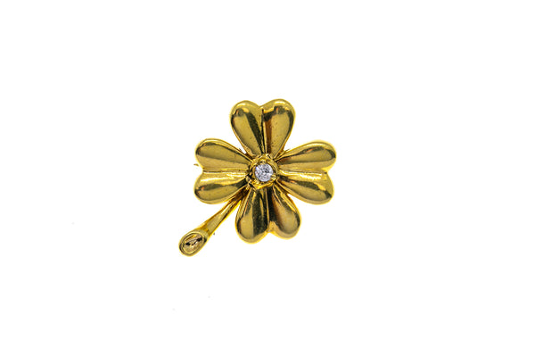 R. Leach Diamond Solitaire Four Leaf Clover Brooch 18K 750 Yellow Gold Lapel Pin