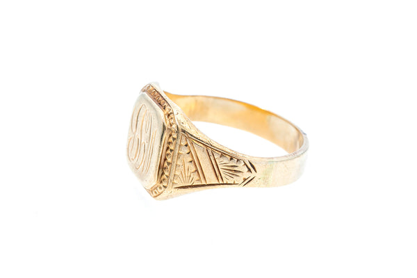 Antique Inscribed 14k 585 Yellow Gold Hand Carved Design Signet Ring