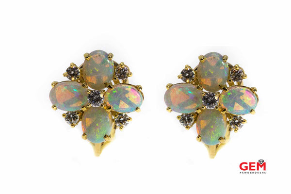 Fine Solid 14k 585 Yellow Gold Opal Cabochon Diamond Flower Earrings