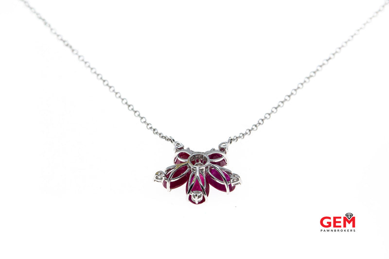 Oval Ruby Diamond Flower Petal Charm Pendant Necklace 18k 750 18" White Gold