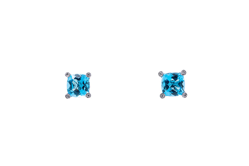 Natural Blue Topaz & Diamond Accent 14K 585 White Gold Pair of Earrings