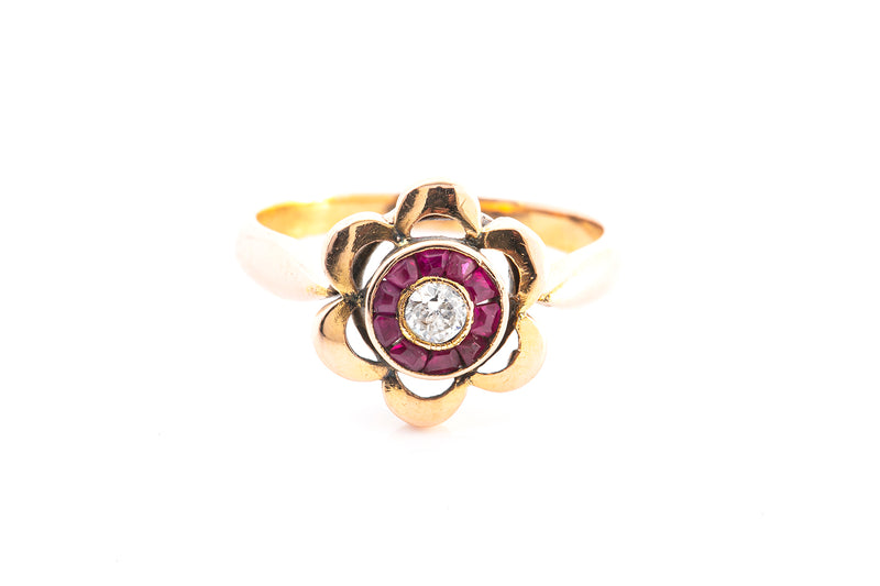 Antique Diamond w/ Ruby Halo Flower Motif 14k 585 Rose Gold Ring