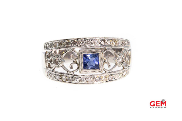 Princess Tanzanite & Round Diamond Milgrain Accent Hearts 14K 585 White Gold Ring Size 6 1/2