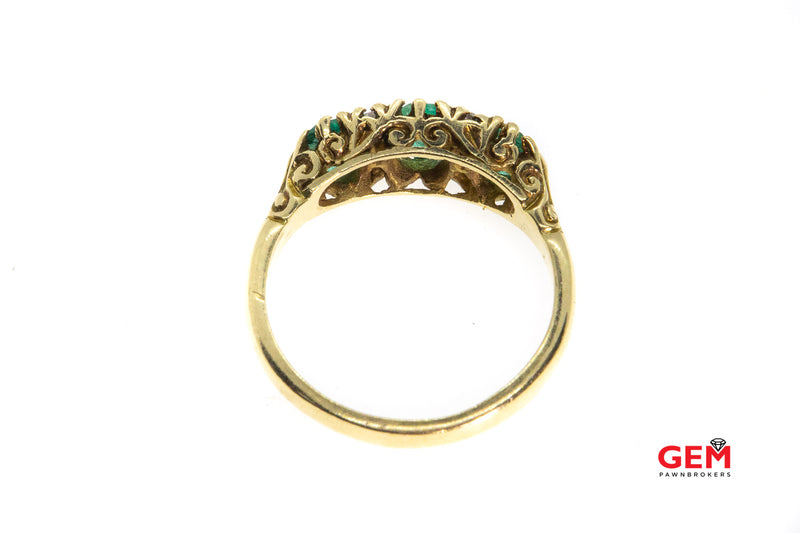 Vintage Birmingham Steele & Dolphin Natural Emerald & Diamond filigree Accent 18K 750 Yellow Gold Ring Size 7