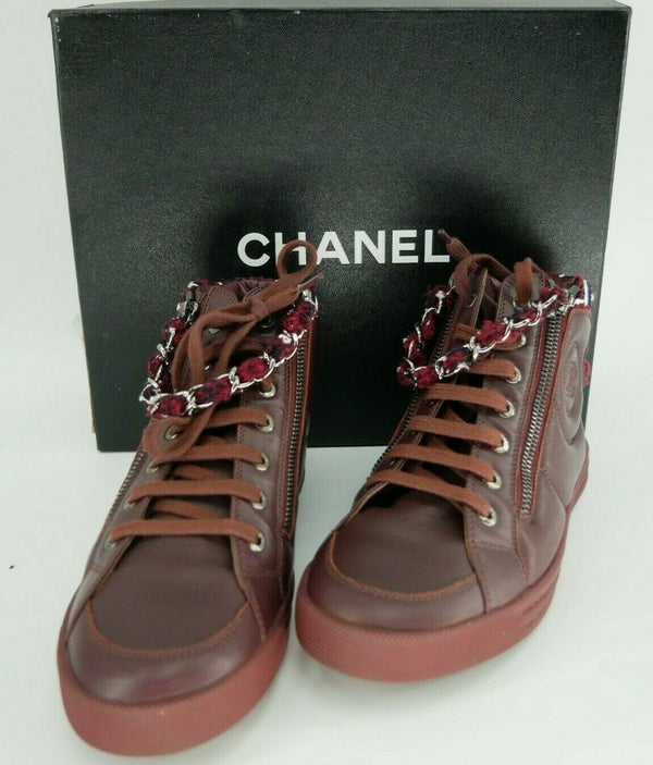 Chanel Burgundy Leather CC Logo High Top Sneaker Chain Zip Tweed SZ 37/7