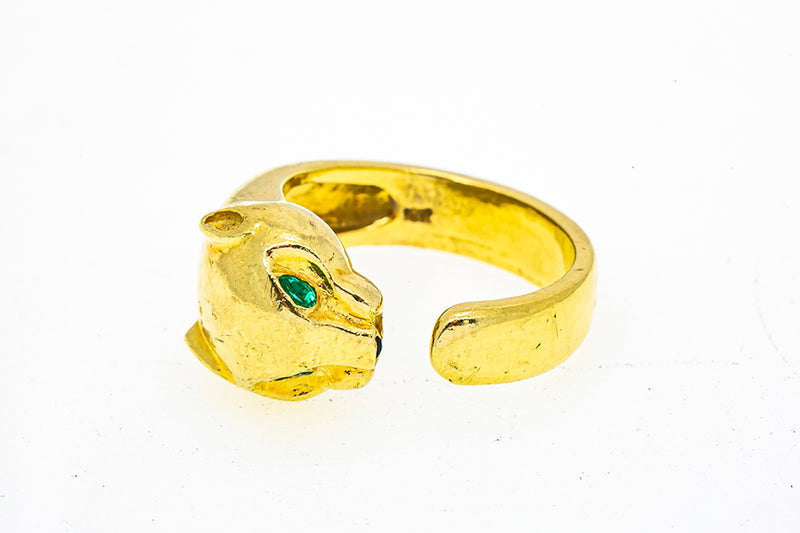 Natural Emerald Eyes Panther Head Wrap Band 18K 750 Yellow Gold Ring Size 9