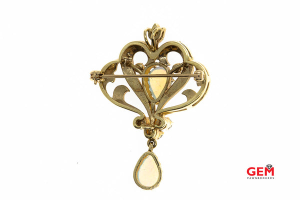 14 KT Yellow Gold Opal Diamond Seed Pearl Pin Brooch