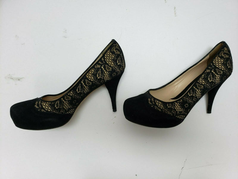 Fendi Women's Black Lace Round Toe Suede Heels | Size 7 US, 37.5 EUR