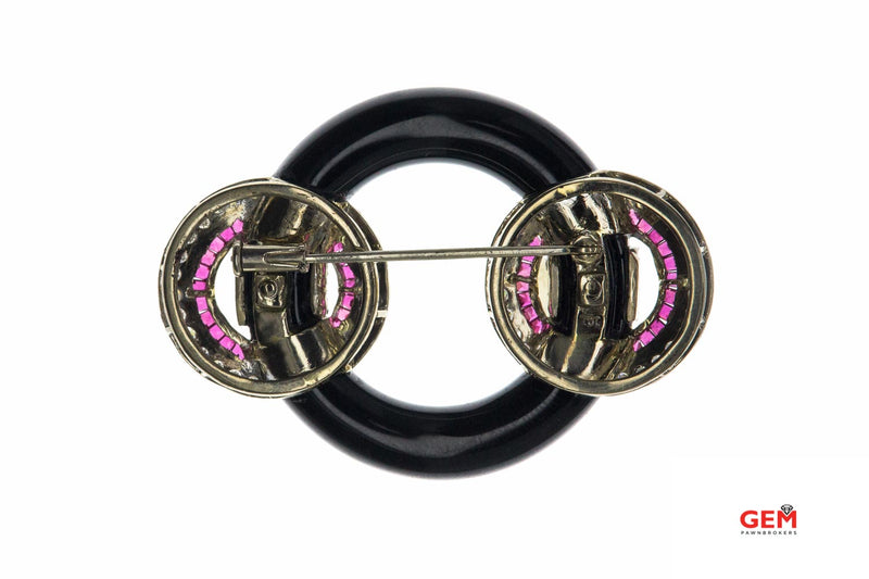 Retro Onyx Pink Sapphire & Diamond Accent Pin 18K 750 White Gold Brooch