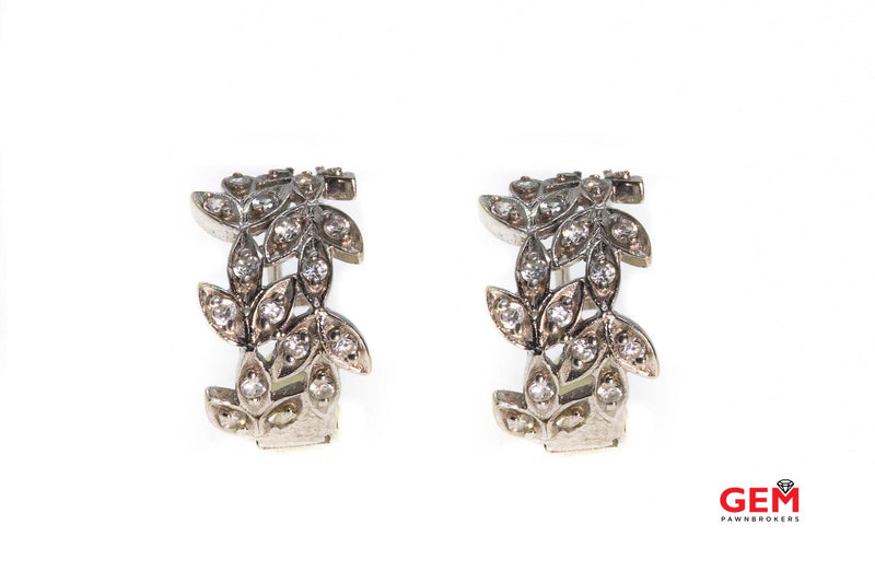 Cubic Zirconia Huggie Hoop Leaf Earrings14Kt 585 Solid White Gold