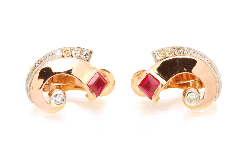Vintage Retro Pink Sapphire & Diamond 14k 585 Rose Gold Swirl Ear Clip Earrings