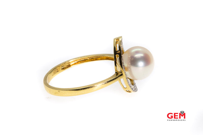 Natural 8mm Pearl Diamond Halo Oval Milgrain Accent Thin Band 18K 750 Yellow Gold Ring Size 6 3/4
