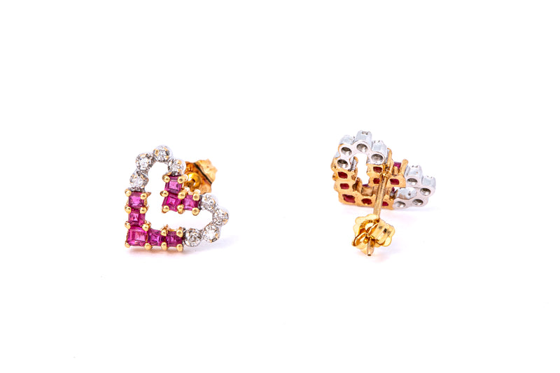 Pink Sapphire & Diamond Open Heart Stud 10K White & Yellow Gold Pair Earrings