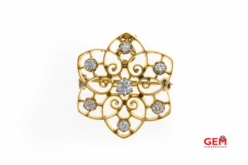 Antique Art Nouveau Floral Diamond 1.00ctw Yellow Gold 14k 585 Lapel Pin Brooch Pendant