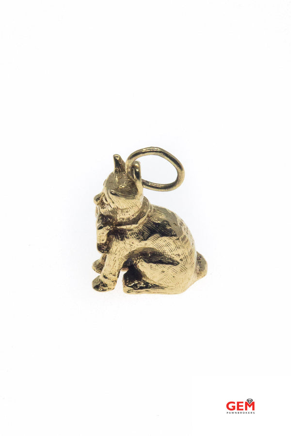 Sitting Kitty Cat & Bow Tie Animal Lovers Charm 14K 585 Yellow Gold Drop Pendant
