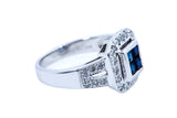 Setra Art Deco Natural Sapphire & Diamond Halo 14K 585 White Gold Ring Sz 6 1/2