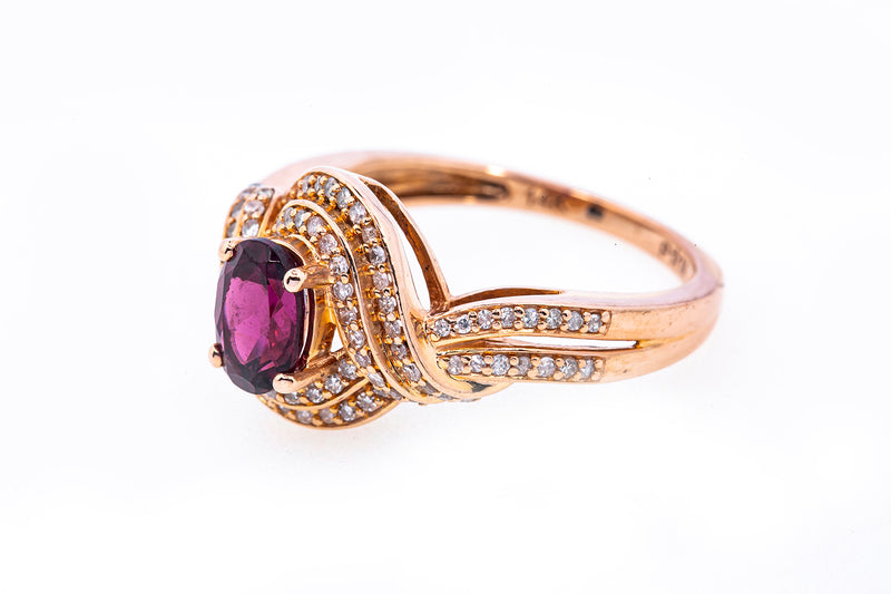 Diamond Cluster & Garnet Wave 14K 585 Rose Gold Ring Size 7