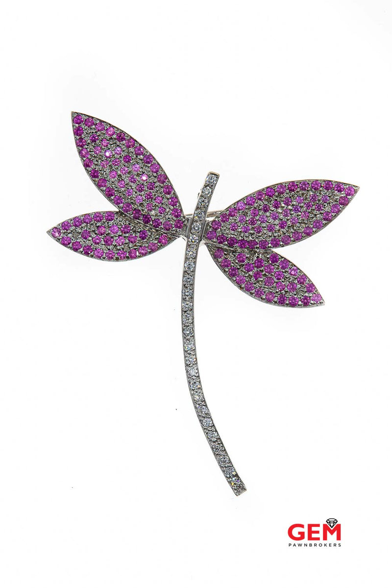 Carol Silvera 18k Diamond & Pink Sapphire Dragon Fly Brooch White 750 Gold Lapel Pin