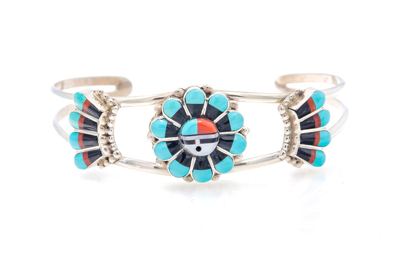 Double Sunface Zuni Sterling silver RC Gasper Turquoise, Mother of Pearl, Coral, Jet Bangle