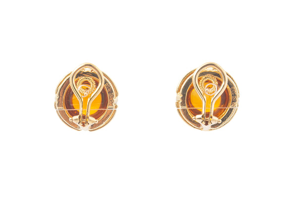 Vintage Cabochon Citrine & Diamond 18k 750 Yellow Gold Leverback Earrings