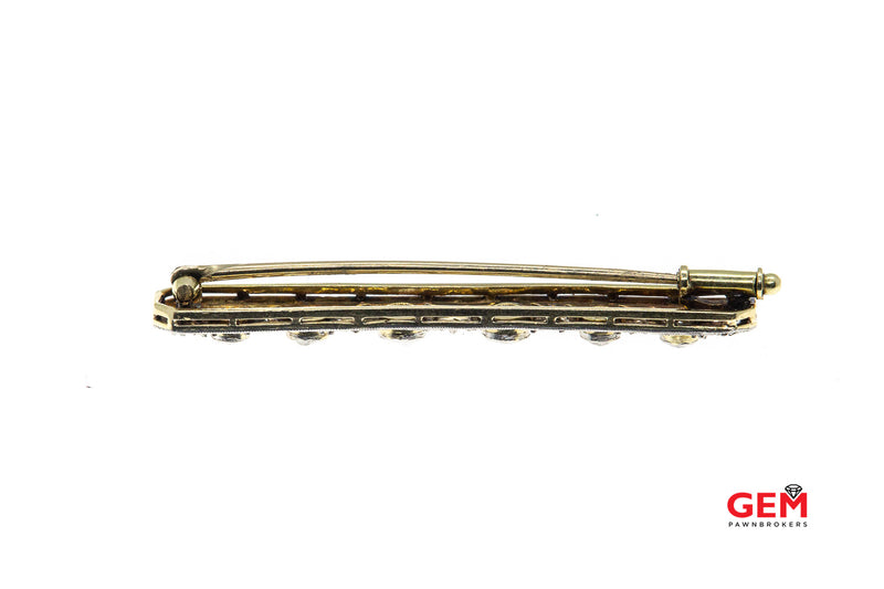 Antique Edwardian Pierced Bar Diamond Station Filigree Milgrain Brooch 18K 750 Yellow & White Gold Lapel Pin