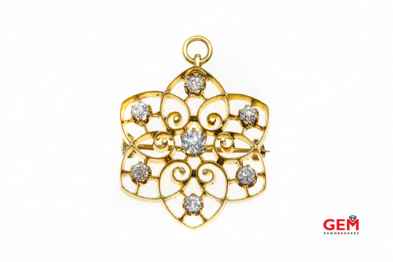 Antique Art Nouveau Floral Diamond 1.00ctw Yellow Gold 14k 585 Lapel Pin Brooch Pendant