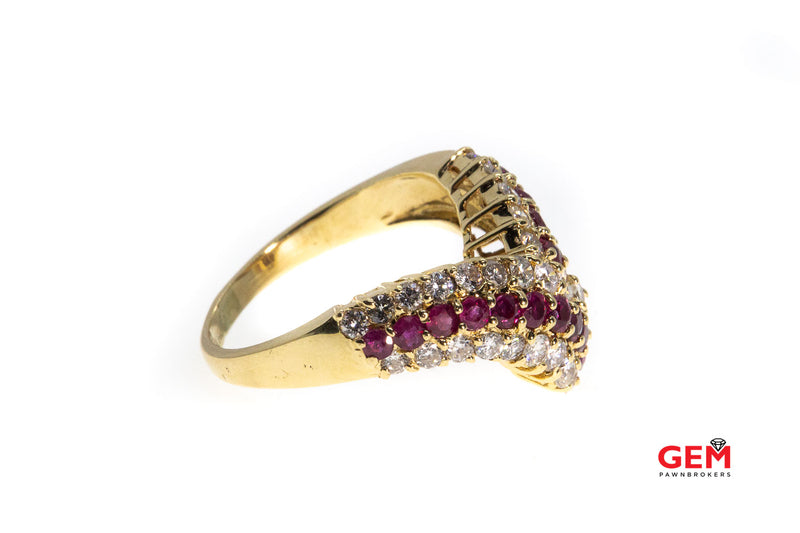 Natural Ruby & Round Diamond Cocktail Cluster Twist 14K 585 Yellow Gold Ring Size 7