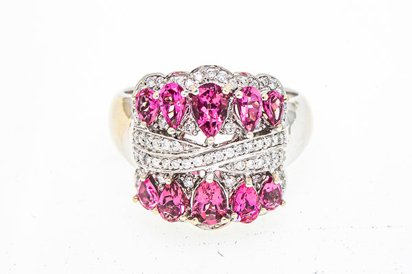Natural Pink Pear Tourmaline & Round Diamond Cocktail Crossover Cluster 14K 585 White Gold Ring Size 10