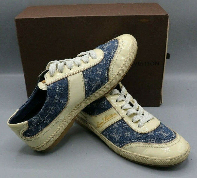 Louis Vuitton Monogram Blue Denim Cream Patent Shoes Sneakers Womens 37.5/7