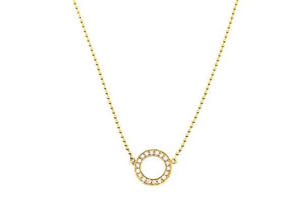 Diamond Halo Pave Circle 13mm Pendant 18K 750 Yellow Gold 15.5" Beaded Necklace