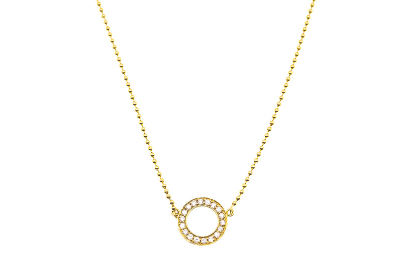 Diamond Halo Pave Circle 13mm Pendant 18K 750 Yellow Gold 15.5" Beaded Necklace