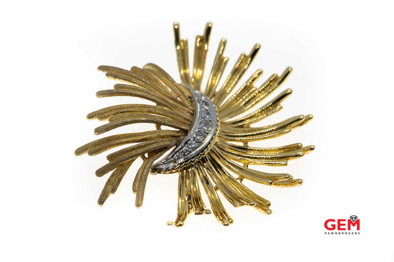 Spray Brooch Sand Blast Finish Diamond Cable Milgrain Accent Brooch Solid 14K 585 Yellow Gold Lapel Pin