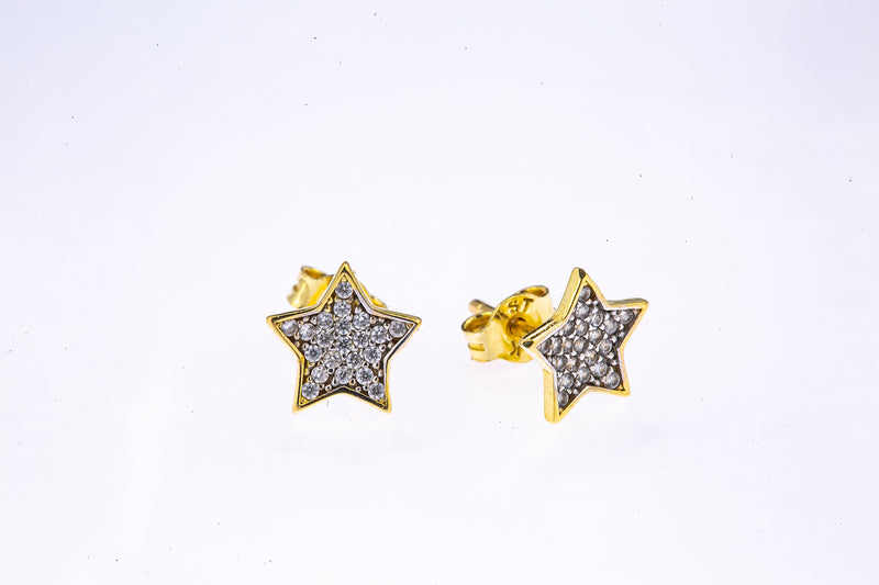 Cubic Zirconia Pave Star Studs 14K 585 Yellow & White Gold Pair of CZ Earrings