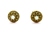 Vintage Opal Stud Scroll Motif 14k 585 Yellow Gold Earrings