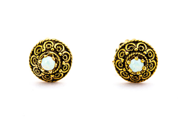 Vintage Opal Stud Scroll Motif 14k 585 Yellow Gold Earrings