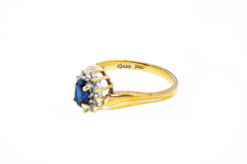 Sapphire & Diamond Halo Sunburst Band 14K 585 Yellow & White Gold Ring Size 6