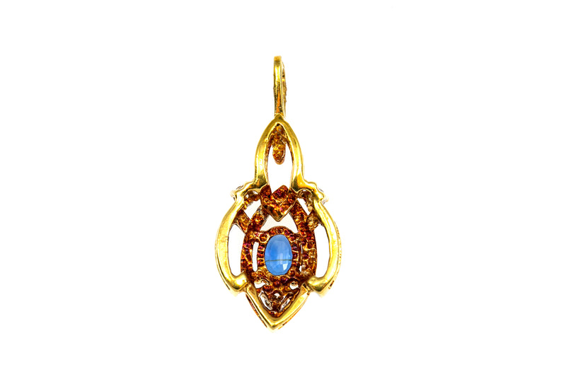 Estate Natural Sapphire & Diamond Accent Drop Charm 18K 750 Yellow Gold Pendant