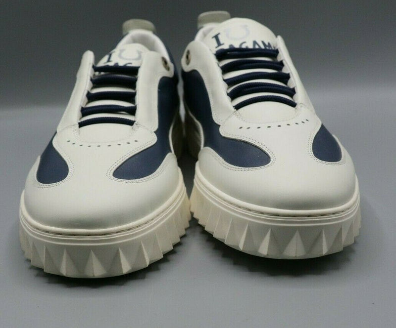 Ferragamo Aaron Gancini White/Blue Two-Tone Leather Sneakers Mens Size 9.5