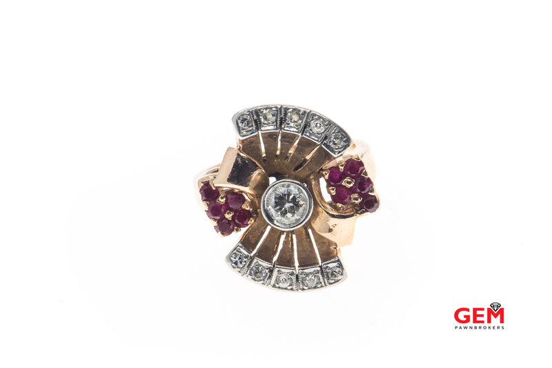 Art Deco Rose Gold Diamond Ruby 14k 585 Vintage Ring Size 10