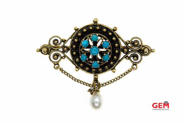14 KT Yellow Gold Turquoise Pearl Lapel Pin Brooch