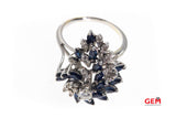 Vintage Marquise Sapphire & Diamond Cocktail 14K 585 White Gold Cluster Ring Size 9