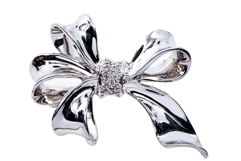 Diamond Pave Big Gift Bow Brooch 14K 585 White Gold Lapel Pin