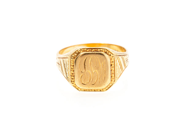 Antique Inscribed 14k 585 Yellow Gold Hand Carved Design Signet Ring