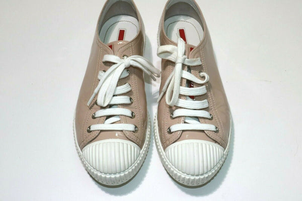 Prada: Women Leather Beige 3E 5876 Patent Lace Up Size US 7.5/38 EUR