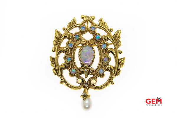 Antique Cluster Opal Drop Pearl Brooch 585 14k Yellow Gold Lapel Pin
