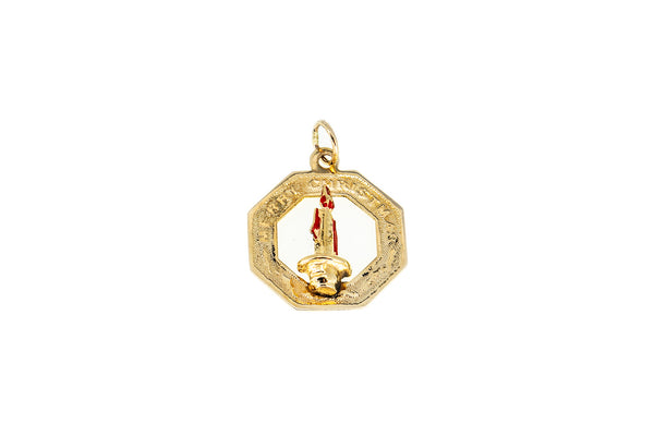 Jeanor Merry Christmas Happy Holidays Candle Charm 14K 585 Yellow Gold Pendant